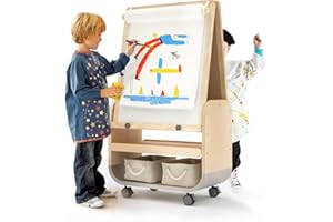 BanaSuper Caballete para Niños, Caballete de Madera de Doble Cara para Pintar, Pizarra de Tiza y Pizarra Blanca Ajustable en Altura, Caballete Móvil para Niños con Compartimento de Almacenamiento