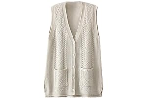 ALLOAONE Jersey Sin Mangas para Mujer, Talla Grande, Chaleco De Punto Trenzado, Cárdigan con Bolsillo Y Cuello En V