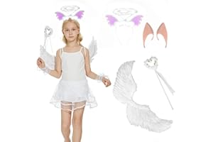 Herefun Engels Flügel Kostüm, 4 Stück Halloween Engelsflügel Kostüm für Kinder mit Zauberstab, Heiligenschein und Elfenohren, Weiße Engelsflügel Deko für Damen Halloween Party Cosplay (Weiß)