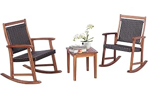 RELAX4LIFE 3 PCS Rocking Chair Set, Patio Garden Furniture Set with Coffee Table, Outdoor Wicker Conversation Rocker Bistro Set for Balcony Backyard Poolside (Rattan+Acacia Wood)