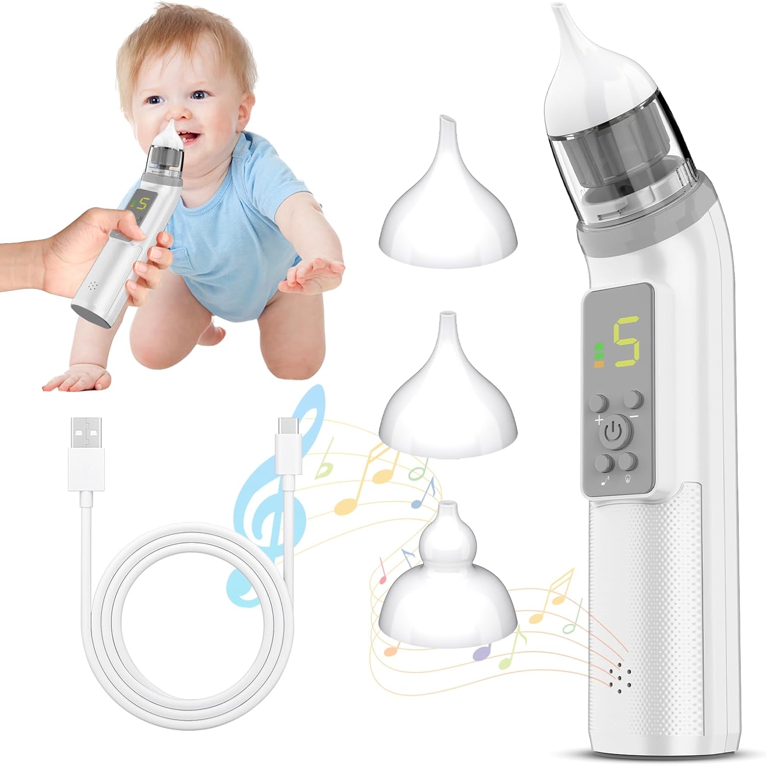 Aspirador Nasal para Bebés, Aspirador Nasal Eléctrico para Bebés con 5 Niveles de Succión, 3 Niveles de Succión Ajustable, Función de Música y Luz Calmante, Recargable, Ruido Bajo