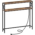 MAHANCRIS Narrow Sofa Table with Charging Station, 100 CM Behind Couch Table, Skinny Console Table with Outlet, Entryway Table for Living Room, Rustic Brown ACTHR115KE01N1