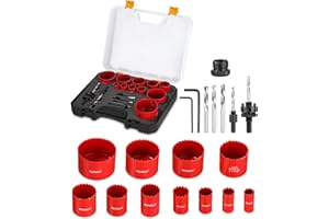 Gaethra M42 bimetalowe otwornice zestaw – 19-częściowy zestaw wierteł puszek i otwornic (19-68 mm) z wiertłem centrującym i uchwytem, głębokość cięcia 40 mm – idealny jako wiertło do otworów w drewnie