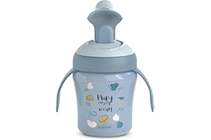 Suavinex, Vaso Aprendizaje Bebé con Boquilla Rígida Antidesgarro, Biberón con Asas, Tapa Protectora Abatible, Vaso Antiderrame, 200 ml, Bébés +6 Meses, Apto Lavavajillas, Bears Azul