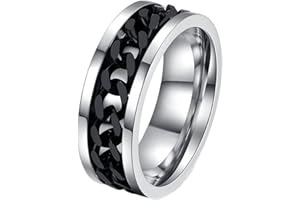 Mesnt Fidget Anneaux, Bague Incrustation de Bande Simple avec chaîne rotative 8MM en Acier Inoxydable pour Homme Argent/Noir