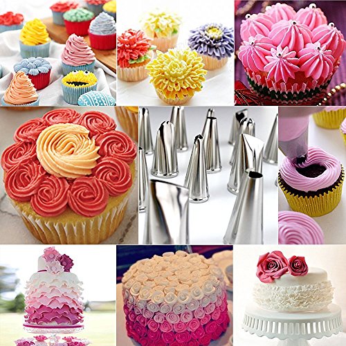 Aodoor 24 Stücke Spritztüllen Set, 1 Spritzbeutel & 2 Kupplung Pralinen, Kuchen, Plätzchen, Keksen und Torten cake decorating tools aus Edelstahl - 3