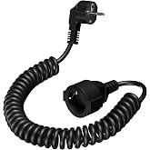 2M Spiral Extension Cable, 0.7M to 2M MAX, IP20 (230V/16A) Schuko Extension Cable for Home, Office, Factory, Black