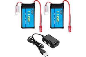 AMZZN 2PCS 7.4V 1100mAh Lipo Battery With 2-in-1 Charger For Wltoys A949 A959 A969 A979 K929 RC Car,Compatible With Most 1/10 1/16 1/18 1/24 Ratio RC Trucks, A320 A321 V353 RC Drone