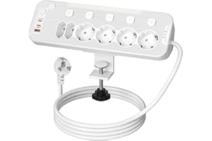 KIYKZI Regleta Escritorio con USB C,Regletas Enchufes Proteccion Sobretension,Toma de Mesa con Dispositivo de Sujeción,6 Tomas con Interruptor Individual,Ladron Enchufe Multiple PD20W,2M Cable,Blanca