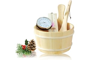 Seau Pour Sauna, 4l 5 PièCes Set Complet Pour Sauna Seau Avec Louche Bois Pin Finlandais Haute Qualité Accessoires Pour Sauna Seau Pour Infusion (Seau Pour Sauna+Louche+ThermomèTre HygromèTre+Sablier)