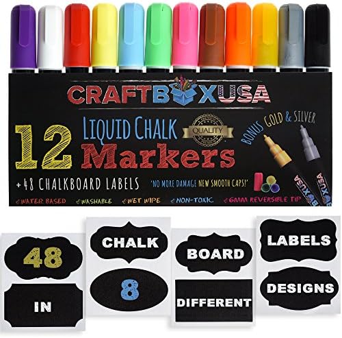 Liquid Chalk Markers - 12 Pack Shining Bright Colours Liquid Chalk Ink Pens - Specially Included Outstanding Gold and Silver Markers - With 48 labels, Damage Proof Cap, Reversible tip