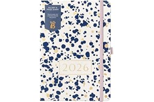 BUSYB Busy B 2026 A5 Diary Day-A-Page Planner for Students, Professionals & Teachers - Navy Spray Print with Gold Foil, Jan - Dec, Elastic Closure & Ribbon Marker - Organizer for Desk or Handbag