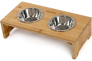 lionto Gamelle surélevée pour Chien en Bambou Robuste et Facile à Entretenir, 40x20x10 cm, Double écuelle pour Chiens et Chats, 2 Bols INOX Ø 11 cm, 350 ML chacun, antidérapante