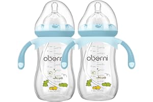 Oberni Weighted Baby Bottles with Size 4 Fast Flow Breast-Like Teat for 12 Months Plus / 1 Year Old Newborn Babies, 270ml/9oz, Non-Slip Handles, Anti-Colic, Blue/2 Pack