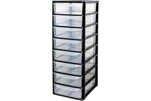 ALEEZ - A4 Plastic Slim Drawer Storage Unit - Multi Purpose Organiser Cabinet For Home Office Bedroom School Supplies Stationery Makeup Craft Storage Durable Design - (Black/Clear, A4 Slim 8 Drawers)