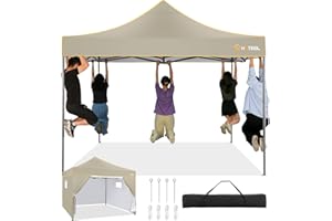 HOTEEL Gazebo 3x3 Pieghevole Impermeabile, Gazebo Esterno Resistente Con Parete Laterale, Gazebo Pop-Up Da Giardino Impermeabile Per Feste Campeggio Mercato, Cachi
