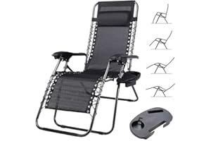 BAKAJI Sedia gravità Zero Sdraio da Giardino Poltrona Relax Pieghevole Salvaspazio con Vassoio Tubolari Acciaio 22mm Reclinabile Tessuto in Texilene Traspirante Terrazzo Piscina Esterno (Nero)