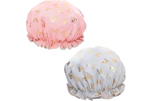 WATAWATA 2 Pcs Shower Caps for Women, Waterproof Double Layers Reusaable Shower Caps, Oil-proof Cap Bath Caps for Kids, Ladies, Girls (Butterfly)