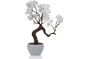 HPNIUB Artificial White Cherry Blossom Potted Plant with Stone Pot, Fake Flowers Faux Plant Desk Decor, Decorative Plants Indoor Decor for for Home Bedroom Bathroom Office Desk 26x28x31cm
