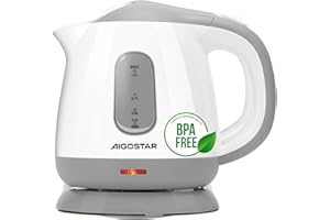 Aigostar Juliet - czajnik elektryczny o pojemności 1 litra, 1100W, Mały czajnik, Wskaźnik podwójnego poziomu wody, Zdejmowalny filtr przeciwko kamieńcowi, Podstawa 360º, Bez BPA, Szary i Biały