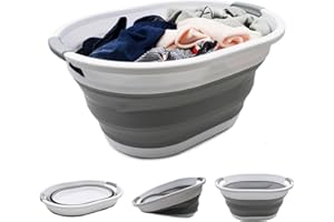 SAMMART 32L Collapsible Plastic Laundry Basket - Foldable Pop Up Storage Container/Organizer - Portable Washing Tub - Space Saving Hamper, Water Capacity: 24L (1, White/Grey)