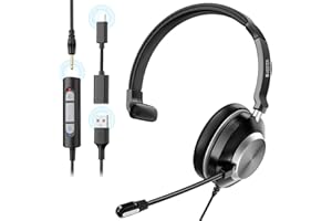 Voistek Headset with Microphone, USB-A/3.5mm/Type-C Headphones with Noise Cancelling Mic PC Headsets for Laptop, Office, Call Center, Music, Skype, Zoom, Online Chat