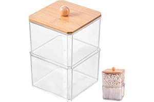 Blogiiup Cotton Swab Container with Bamboo Lid Cotton Buds Holder Dispenser Clear Bathroom Containers Dispenser for Cotton Ball, Swab, Round Pads, Floss Bathroom Accessories 2 Layer