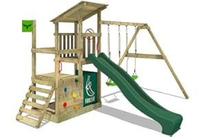 FATMOOSE Aire de Jeux FruityForest Fun XXL portique en Bois avec balançoire et Toboggan Vert, Tour d'escalade pour Enfants avec bac à Sable, échelle et Accessoires de Jeu pour Le Jardin.