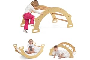 GYMAX Arco da Arrampicata per Bambini, Arco a Dondolo in Legno con Cuscino Accogliente, Struttura per Arrampicata e Dondolo in Legno per Bambini 1+ Anni (Naturale, 81,5 x 50 x 38 cm)