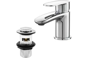 Basin Mixer Tap with Drain, BATHWEST Chromed Brass Bathroom Sink Taps with Waste, Modern Bathroom Taps with Pop Up Waste Middle 492NCR