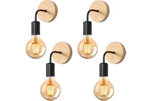 Tealight 4 Pezzi Applique da Parete Interno, Lampada da Parete Vintage in Legno Metallo Design, E27 Illuminazione Interni Lampada a Muro per Camera da Letto, Corridoio, Soggiorno, Nero