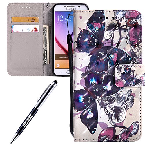 For Samsung Galaxy S6 case,Feeltech JAWSEU Samsung Galaxy S6 PU leather Wallet Flip Cover Multi Function Card Slots Protective Cases with Cute Animal & Colourful Pattern Design [Stand Function][Magnetic Closure] Flip Folder Card Holders Money Pouch Smart Phone Cover with Hand Strap for Samsung Galaxy S6 - Black butterfly