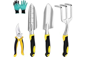 GOMETY Ensemble d’Outils de Jardinage 5 Pièces Outils à Main en Aluminium avec Truelle Transplantoir Râteau Sécateur et Gants Poignée Ergonomique Antidérapante Outils de Jardin pour Jardinier