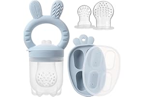 ILEYLUY 2 Packs Silicone Baby Fruit Feeder with Freezer Nibble Tray Combo, Baby Fresh & Frozen Food Feeder Popsicle Molds Includes Extra Food Pouches (Blue)