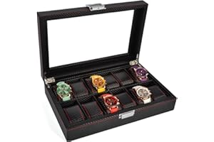 GUOLICH Scatola Portaoggetti per Orologi Custodia per Espositore per Orologi Custodia in pelle con Cinturino in Fibra di Carbonio Organizzatore per Collezione di Gioielli con Coperchio in Vetro (12 Slot)