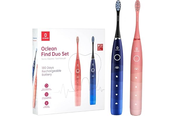 Oclean Lot de 2 Brosses à dents électriques Sonique, Longue 180 jours d'autonomie, 5 Modes réglables, Minuterie 2 minutes, Rappel 30s, IPX7, Cadeau Set Rouge + Bleu