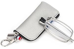 ‎MMOWW MMOWW Faltbare Lesebrille für Damen und Herren mit Teleskopstange mit Reißverschluss Schlüsselanhänger Mini Anti Blaulicht Brille (Silber,+2,0)