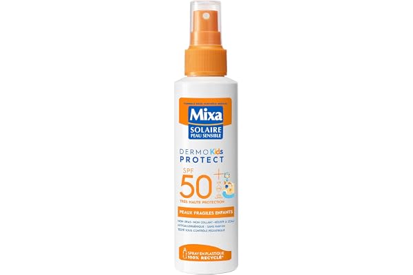 Mixa Solaire Peau Sensible - Spray Solaire Très Haute Protection SPF50+ UVA, UVA longs, UVB - Peaux Fragiles Enfants - Résistant à l'Eau - Anti-sable - Hypoallergénique, Sans Parfum - 150ml