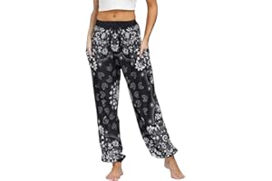 Nuofengkudu Women's Harem Hippie Pants Baggy Boho Patterned High Waist Smocked Waist Thin with Pockets Lounge Trousers for Yoga Summer Beach