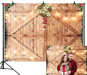 DePhoto 9X6FT Christmas Decor on Rustic Barn Door Backdrop Wooden Board Photography Seamless Vinyl Photo Background Studio Prop PGT466B