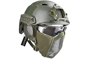 LEJUNJIE PJ Airsoft Paintball Fast Helm mit faltbarem Gehörschutz halbe Stahlnetz Maske und Brillen Set