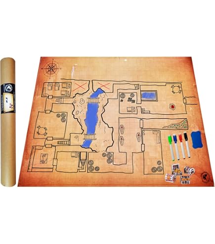Tappetino Mappa Power Beast Dungeon 36x24" Riutilizzabile | 4 Pennarelli, Gomma E 4 Scrigni Del Tesoro | Per D&D E Pathfinder | In Laminato Nano E Impermeabile