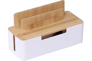 Relaxdays kabelbox bambu, naturvit | hållare för mobil & HBT: 16x30x13 cm, 6-vägs eluttag ventilationsspringor