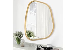 HLFMVWE Gold Asymmetrical Mirror Large 50 x 40 CM Irregular Oval Wall Mirror Modern Wood Frame Unique Shape Wall Mounted Vanity Artistic Decorative for Living Room Bedroom Bathroom Entryway