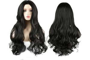 TMBMLPP 70 cm, długa, falowana, czarna peruka dla kobiet i dziewcząt, długie, kręcone, czarne, regulowany rozmiar, peruka dla kobiet, syntetyczne włosy, peruka, na imprezę, Cosplay, czarna