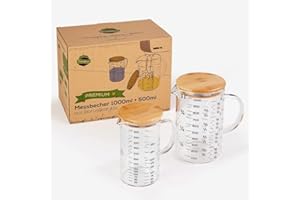 TreeBox Set di 2 misurini in vetro con beccuccio, 1 L e 0,5 L, resistente al calore, lavabile in lavastoviglie e adatto al microonde, diverse unità di misura perfetto per cuocere cucinare e mescolare