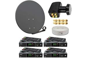 Premium X Satelliten-Komplettanlage 4 Teilnehmer 60cm Antenne Anthrazit SAT Quad LNB 50m Antennenkabel 4X HD TV Sat-Receiver