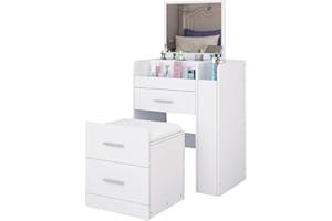 SENVOZIII Schminktisch mit Hocker und Klappbar Spiegel, 2 in 1 Kosmetiktisch mit LED Beleuchtung, 2 Schubladen und Fächern für Schlafzimmer Weiß