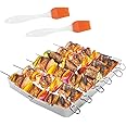 EMAGEREN BBQ Skewer Rack 35cm Stainless Steel BBQ Grilling Skewers Reusable BBQ Skewer Set and Rack for Outdoor Barbecue Family Birthday Party Picnic Camping (6 Skewers + 1 Grill Rack +2 BBQ Brushes)