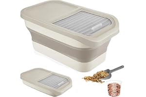 Lohofrnny Almacenamiento de Alimentos Para Perros, Pequeño Recipiente para Comida con Pala y Taza Medidora 5kg, Contenedor Pienso Plegable para Mascotas (Caqui)